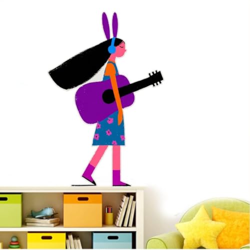 Image of Cute Girl with Guitar Wall Sticker | Cartoon Music Theme Self Adhesive Wall Decal for Kids Room, Bedroom, Nursery & Playroom Decoration