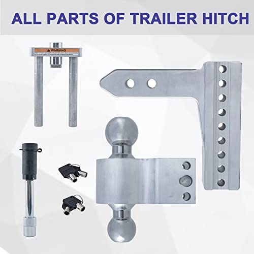 Adjustable Trailer Hitch 6 Inch Drop/Rise Hitch Ball Mount, Aluminum Tow Hitch With 2 Pins Locks, Ball Mount Hitch Fits 2 Inch Receiver, 2 And 2-5/16 Inch Chromed Steel Balls, 12,500 Lbs Gtw #TOP5