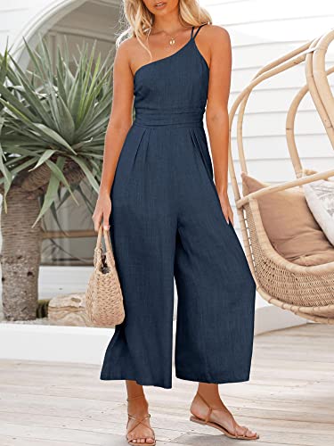 Logene Women's Summer One Shoulder Straps Pleated Sleeveless High Waist Casual Wide Leg Jumpsuits Romper With Pockets 5L02-Zangqing-M Navy Blue #TOP3
