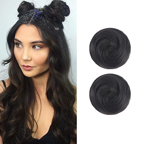 Dsoar 2PCS Mini Claw Fake Buns Straight Hair Bun Extensions Hair Donut Chignon Clip in Hair Scrunchies, Natural Black