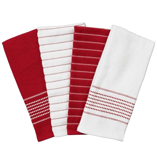 All-Clad Premium Skipping Stripe & Wave Towels: Highly Absorbent, Super Soft Long Lasting 100% Cotton, 17"x28" Kitchen Towels for Cleaning & Drying Dishes, Pans, Glassware, 4-Pack, Chili