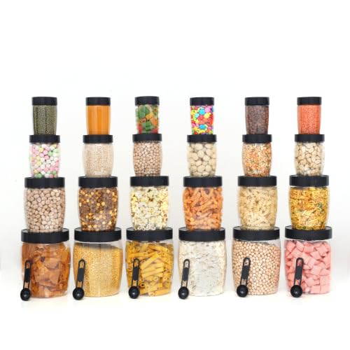 Image of PLASTIC 24-Piece Premium Airtight Kitchen Storage Container Set with Spoons - Transparent Modular Jars (250ml, 350ml, 650ml, 1200ml) for Masala, Pulses & Dry Fruits (Pack Of 24)