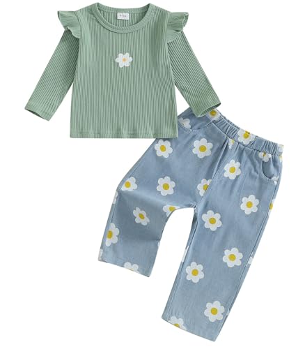 TheFound Toddler Girls Clothes Striped Long Sleeve Ruffled Tops Elastic Waist Flare Pants Outfits 6 12 18 24 Months 2T 3T 4T