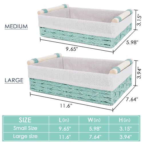 Wicker Storage Basket with Wooden Handle – Paper Rope Decorative Toilet Paper Baskets & Bathroom Organizer for Toilet Tank Top, Shelves, Bedroom, Countertop,Home,Office Storage Bins, 2 Pack,Mint Green - Image 2