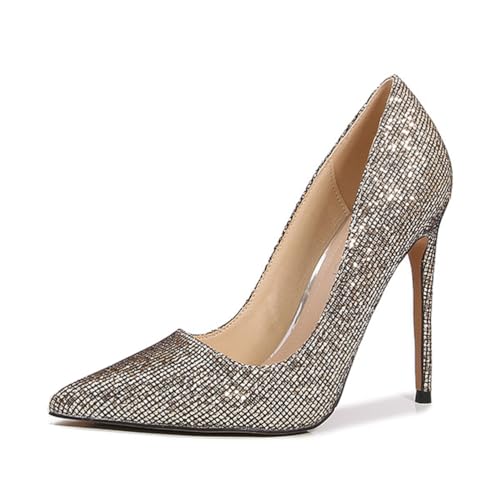 Tacones de 12 cm para Mujer | Elegantes Zapatos de tacón de Aguja con Purpurina para Vestidos de Noche, Bodas, Bailes y Ocasiones Especiales.,Oro,43 EU