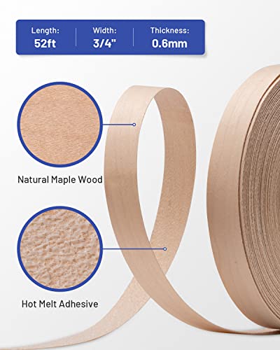Image of Maple Edge Banding, 3 /4 inch X 50ft Roll Real Maple Wood Veneer Edging, Flexible Pre-glued Plywood Edge Banding Strips with Strong Hot Melt Adhesive Iron-on Edgebanding for Furniture Restoration