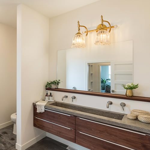 Image of CVKASH 2-Light Bathroom Vanity Light Fixtures Over Mirror,Brushed Gold Modern Vanity Light with Glass Shade Vintage Wall Sconce for Bedroom Dressing Room Living Room Hallway Cabinet