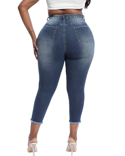 Womens Plus Size Capri Jeans Stretchy High Waisted Skinny Denim Capris Jean2
