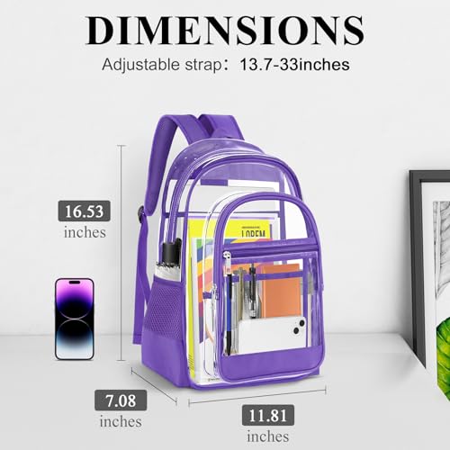 Image of KIMNERPU Clear Backpack, Heavy Duty PVC Transparent Backpack with Reinforced Straps, See Through Multiple Pockets Large Capacity Bookbag for Concert Work Security Travel Festival (Purple)