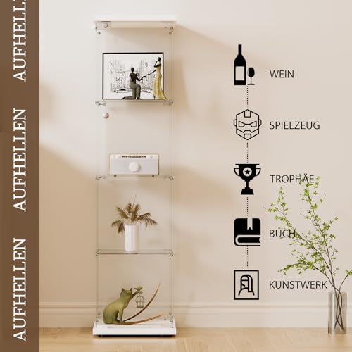 AUFHELLEN Glasvitrine Standvitrine in Weiß, 164x42.5x36.5CM Modern Glas Vitrine Vitrinenschrank mit 4 Böden aus ESG für Sammlerstücke Bücher Wein