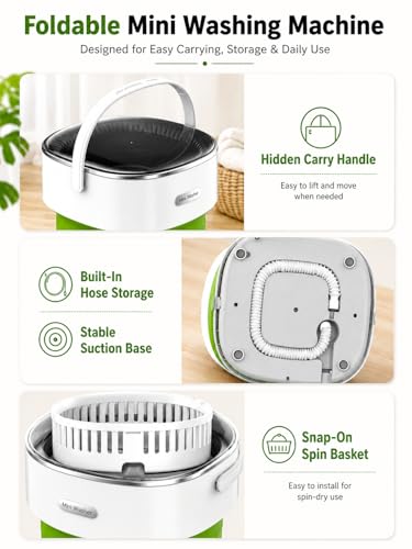 Image of Portable Washing Machine 16L Foldable Mini Washer for Underwear Socks Baby Clothes Small Loads Compact Washer for Apartment Dorm RV Travel (Green)