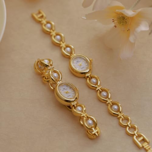 Elegant Pearl-Embellished Women's Dress Watch with Oval Dial and Gold Bracelet - Waterproof Analog Fashion Timepiece - Image 2