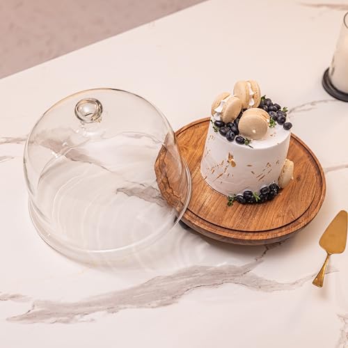 Image of Parstry Pod Acacia Wood cake Stand with Glass Dome | Wooden Cake Plate | Dessert Cupcake Pastry Display Stand | Round Cake Holder Serving Stand