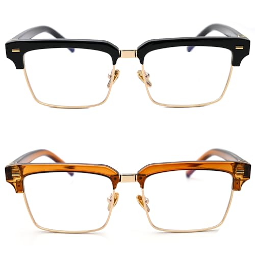 Image of Semi Rimless Rectangle Blue Light Glasses Men Women Black Square Eyewear