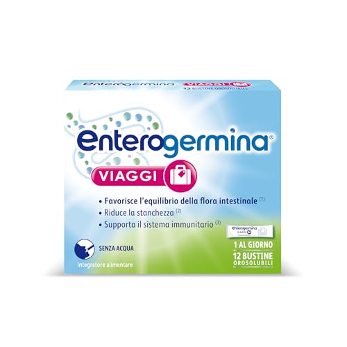 Enterogermina Viaggi, Vitamina b12, Vitamina d, Fermenti Lattici Probiotici, per Adulti - Integratori per Flora Intestinale in Viaggio, Stanchezza e Sistema Immunitario (12 Bustine Gusto Fragola)