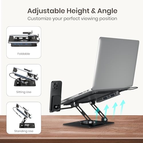 Image of Portronics My Buddy K9 Pro Max, Adjustable Laptop Stand with 6-in-1 USB Hub, 360 Rotating Base, Built-in Phone Holder, Foldable & Ergonomic, Anti-Slip Pads, Supports Up to 17'' Laptops