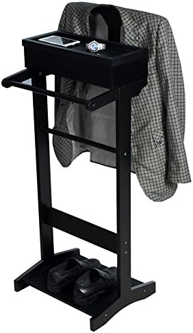 Sardoxx Valet Stand For Man, Father's Day Gift, Black Wood Suit Valet Stand, Clothes Stand With Top Tray, Shoe Rack, Lidded Storage, Used In Entryway Office Living Room, 17" L x 13.6" W x 43" H