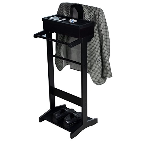 Sardoxx Valet Stand For Man, Father's Day Gift, Black Wood Suit Valet Stand, Clothes Stand With Top Tray, Shoe Rack, Lidded Storage, Used In Entryway Office Living Room, 17" L X 13.6" W X 43" H #TOP3