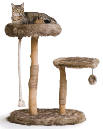 Image of Mau - Modern Wood Cat Tree Tower, Real Branch Scratching Post, Cat Condo