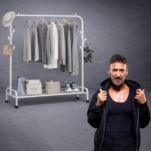 Image of ADA Metal Garment Rack with Top Rod and Lower Storage Shelf, 7 Hooks Clothes Stand for Bedroom, Living Room, and Entryway