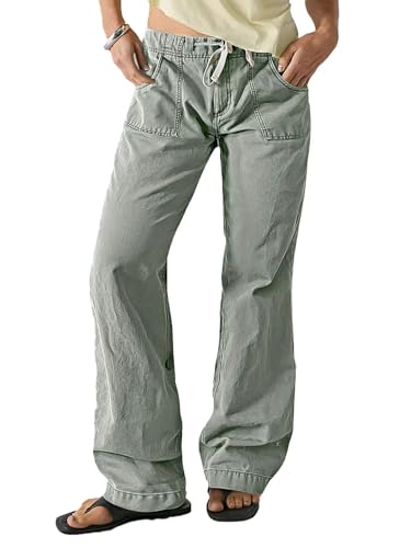 Flamingals Straight Leg Pants for Women Mid Rise Casual Drawstring Solid Patch Pocket Bootcut Pants