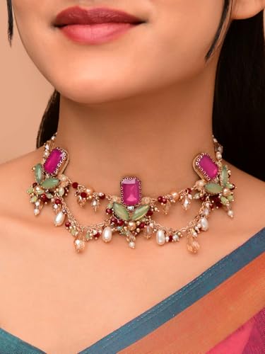 Image of SANJOYA Gold Plated Traditional Embroidered Jewellery for Women & Girls | Stone Studded Wedding, Festive, Mehendi, Sangeet Collection | Necklace, Earrings, Maang Tikka, Bracelet & Ring