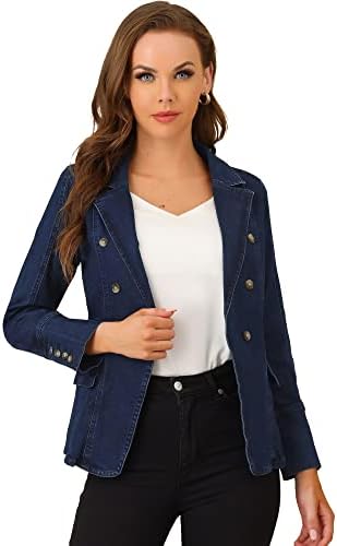 Allegra K Women's Jean Jacket Lapel Long Sleeve Work Denim Blazer with Pockets Medium Mid-Blue