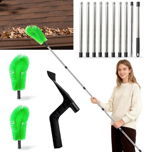 390cm Dachrinnenreiniger, Dachrinnenbürste und Reinigungslöffel Schaufel 2 in 1, Regenrinnen Reiniger mit 10pcs Teleskopstiel, Dachrinnenreinigung für Blättern Fenstern Fallrohrdächern(Grün)