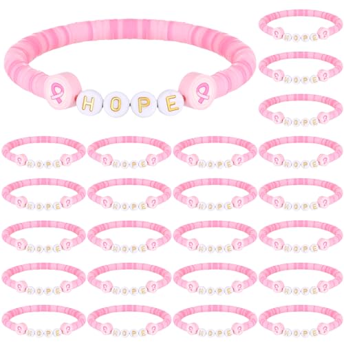 Tondiamo 24 Pcs Hope Breast Cancer Awareness Bracelets for Women Polymer Clay Beaded Ribbon Bracelets Breast Cancer Awareness Accessories Gift Bulk for Women