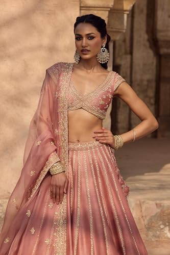 Image of JIHU CULTURE Women's Semi-Stitched Pink Fancy Silk Zari & Sequin Embroidered Lehenga Choli with Net Dupatta