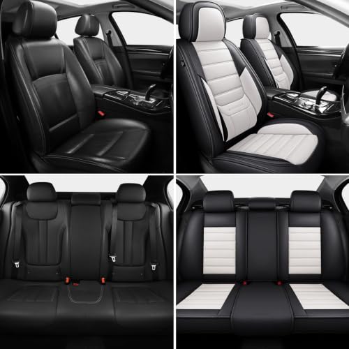 Image of MINGBRON Car Seat Covers Full Set,Black White Car Seat Cover, Car Seat Protector Waterproof, Nappa Leather Car Seat Cushion, Fit for Most Cars
