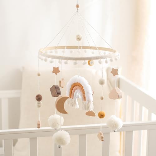 Crib Mobile - Beige & White, Wood, Yarn, Hanging Decor