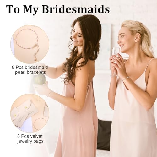 16Pcs Bridesmaid Proposal Gifts, 8 Set Pearl Bracelets with Velvet Jewelry Bags, Bridesmaid Bracelet & Jewelry Pouch, Bachelorette Gifts for Bridesmaids Bridal Shower Favors4