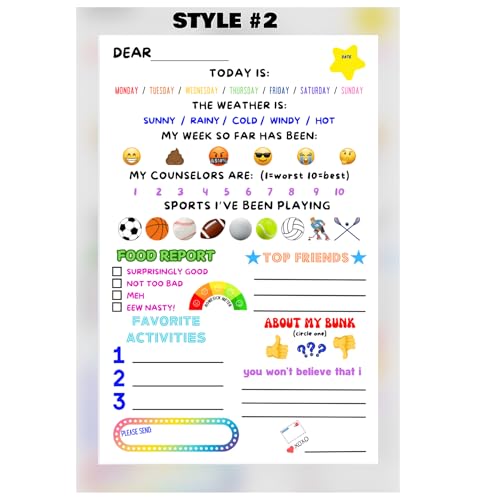 Sleepaway Camp Foldable Stationary for Boys and Girls, 5.5 x 8.5 Size, Fill in the Blank and Circle Your Icon, Set of 12 Sheets and 12 A2 Envelopes (Not Personalized), Unisex.