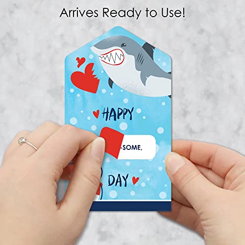 Image of Big Dot of Happiness Shark Zone - Jawsome Shark Cards for Kids - Happy Valentine's Day Pull Tabs - Set of 12