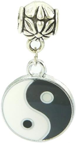 Silver Plated Hanging Ying Yang Charm - Fits Euro-Style Bracelets - Major Brand Compatible Bead Charm - Cloisonne