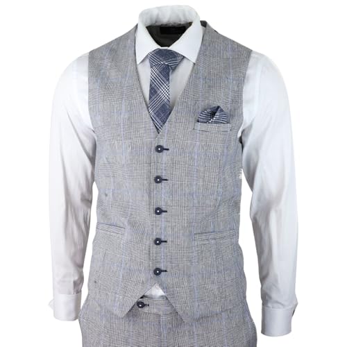 Mens 3 Piece Summer Suit Grey Check Blue Black Tailored Fit Classic Wedding Formal4