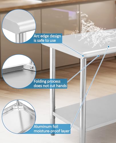 NSF Stainless Steel Prep Table, 60x24 in Heavy Duty Work Table with Adjustable Undershelf, Detachable Trash Bag Holder, Metal Workbench Workstation for Home Kitchen Restaurant