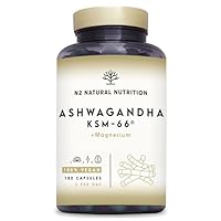 Ashwagandha KSM-66 + Magnesio. 7500 mg, 180 Cápsulas. Complemento Natural para Ánimo, Sueño y Concentración. Vegano, Sin Aditivos, Gluten ni Lactosa. N2 Natural Nutrition