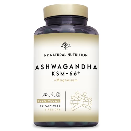 Ashwagandha KSM-66® + Magnesio. 7500 mg (15:1), 180 Cápsulas. 5% de Whitanólidos. Complemento Natural para Ánimo, Sueño y Concentración. Vegano y 100% compostable. N2 Natural Nutrition