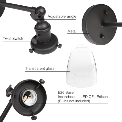 Image of PERMO Industrial Vintage Single Sconce with Oval Cone Clear Glass Shade 1-Light Wall Sconce Wall Lamp (Black)