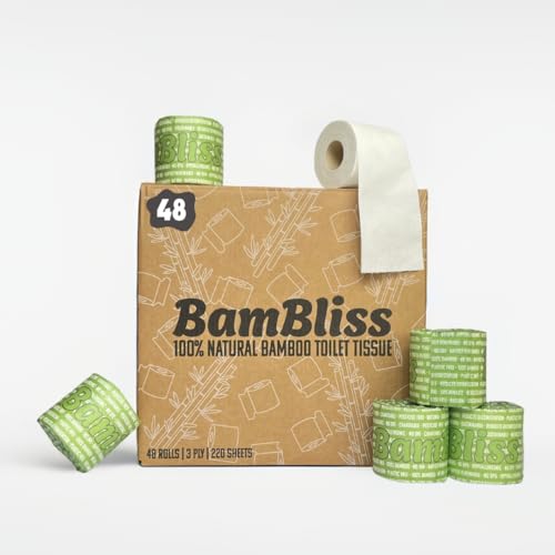 BamBliss Premium Bamboo Toilet Paper Bulk Buy | 48 Pack Wrapped 3-Ply Toilet Roll | Eco-Friendly Toilet Paper | Plastic Free, Soft, Strong, Compostable, Sustainable & Biodegradable Loo Roll