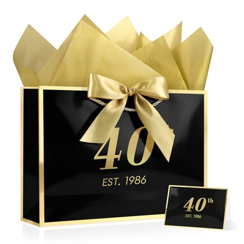 Image of JMANNI 40th Birthday Gift Bag with Card and Tissue Paper for Men Women Him, 14.2 inch Elegant Black Gold Anniversary Keepsake Party Present Shopping Paper Bags for Gifts Wrapping (EST.1986 /Black /Large)