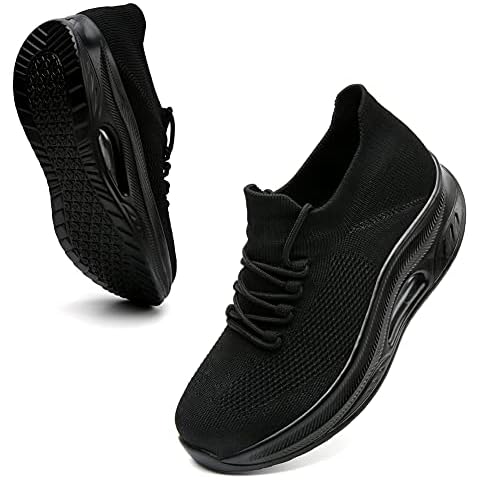 Trainers Womens Air Cushion Memory Foam Arch Support Lace-up Mesh Gym Sneakers Ladies Lightweight Sock Running Shoes All Black UK 6.5 Cover
