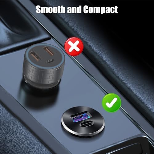 Mini 12V USB Outlet Aluminum Car Charger with PD30W and QC 18W Ports, 22mm Diameter Flush-Mounted Pre-Wired Cigarette Lighter Replacement Charger Socket for Car Boat RV Truck Motorcycle, etc. - 2