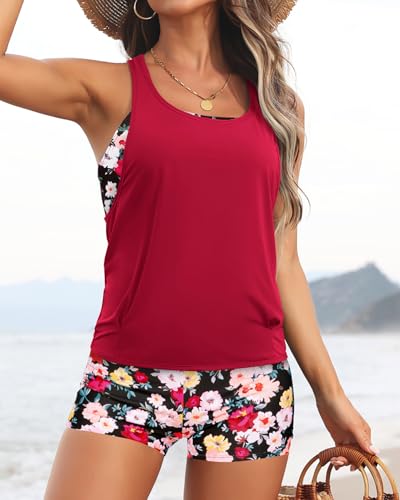 Image of Aqua Eve 3 Piece Tankini Swimsuit for Women Tank Bathing Suit with Shorts Open Back Athletic Swimwear