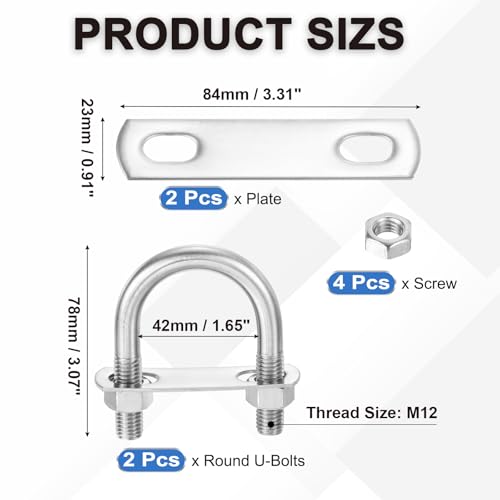 Image of PATIKIL Round U-Bolts, 2 Pcs 1.65 inch(42mm) Inner Width 78mm Length M12 with Nut Plate Washer 304 Stainless Steel Round Bend U-Bolts for Boat Trailer Axle Sailboat