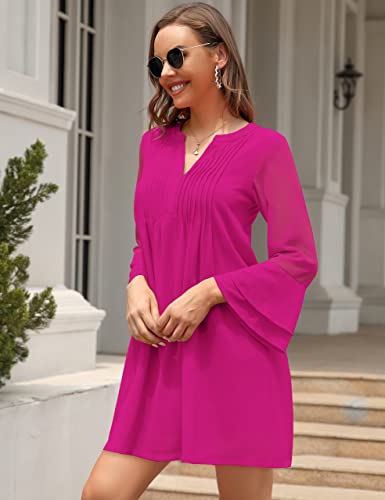 Belongsci Women's 2023 Summer Tunic Dress V Neck Bell Sleeve Casual Loose Flowy Swing Shift Dresses Mini Dress #TOP2
