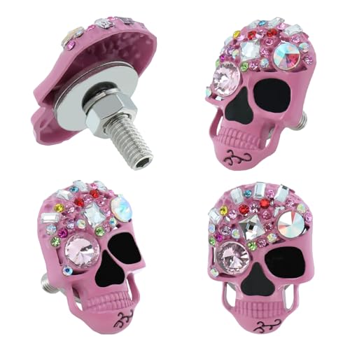 Meibaolin Skull License Plate Bolt Sparkling Diamond Fasteners Decorative License Plate Screw Funny Cool License Plate Frame Kit 4 Pcs Fit Most Cars Truck Motorcycle Modified Vehicle (Pink)