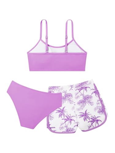 Image of Girls Swimsuit 3 Piece Bathing Suit Printed Sport Bikini Set with Shorts Summer Beach Swimwear for Teen Girls 9-16T